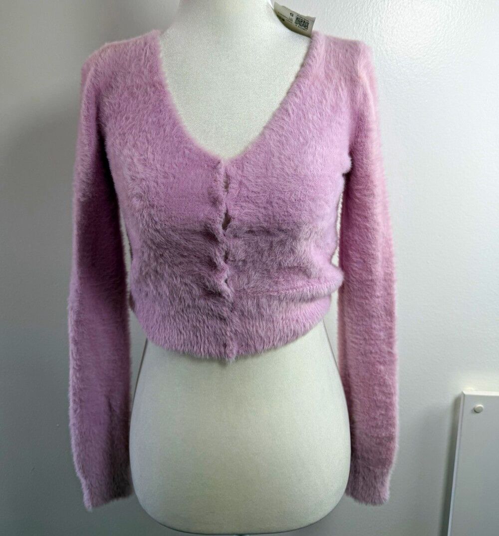 NWT Forever 21 Pink Fuzzy Cropped Cardigan Women S Hook Eye Coquette